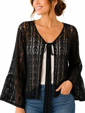 Stretch Lace Lady Jacket with 3/4 Bell Sleeves, Tie Front NWT